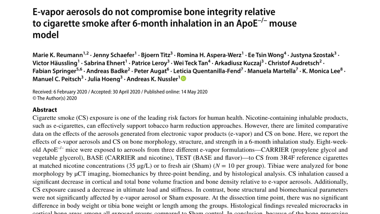 E-vapor aerosols do not compromise bone integrity relative to cigarette smoke after 6-month inhalation in an ApoE-/- mouse