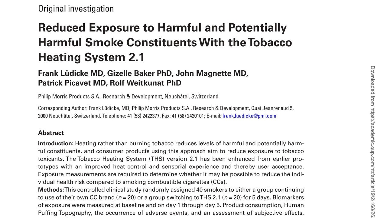 Reduced exposure to harmful and potentially harmful smoke constituents with the Tobacco Heating System 2.1