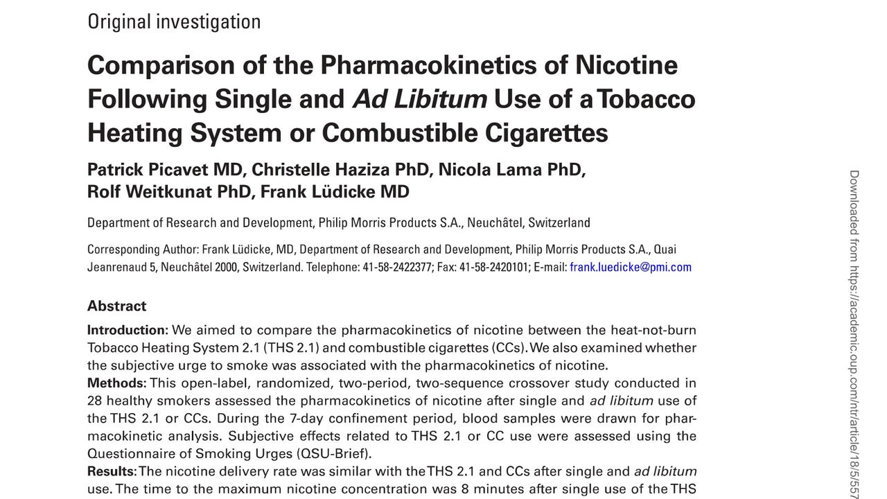 Comparison of the pharmacokinetics of nicotine following single and ad libitum use of a Tobacco Heating System or combustible cigarettes