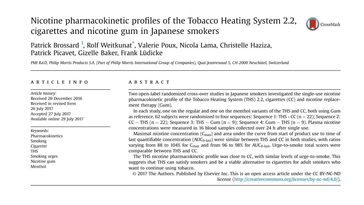 Nicotine pharmacokinetic profiles of the Tobacco Heating System 2.2, cigarettes and nicotine gum in Japanese smokers