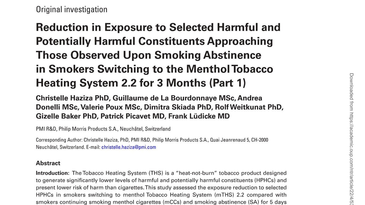 Reduction in exposure to selected harmful and potentially harmful constituents approaching those observed upon smoking abstinence in smokers switching to the menthol Tobacco Heating System 2.2 for three months