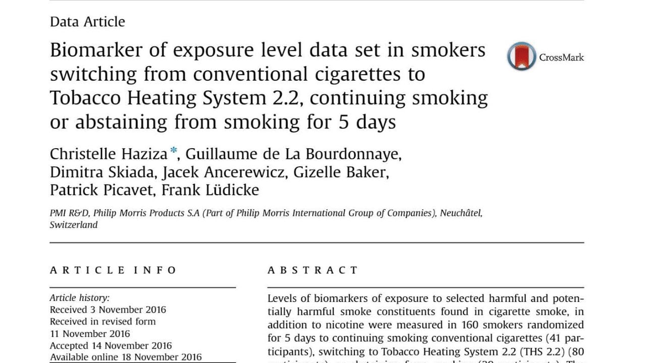Biomarker of exposure level data set in smokers switching from conventional cigarettes to Tobacco Heating System 2.2, continuing smoking or abstaining from smoking for 5 days