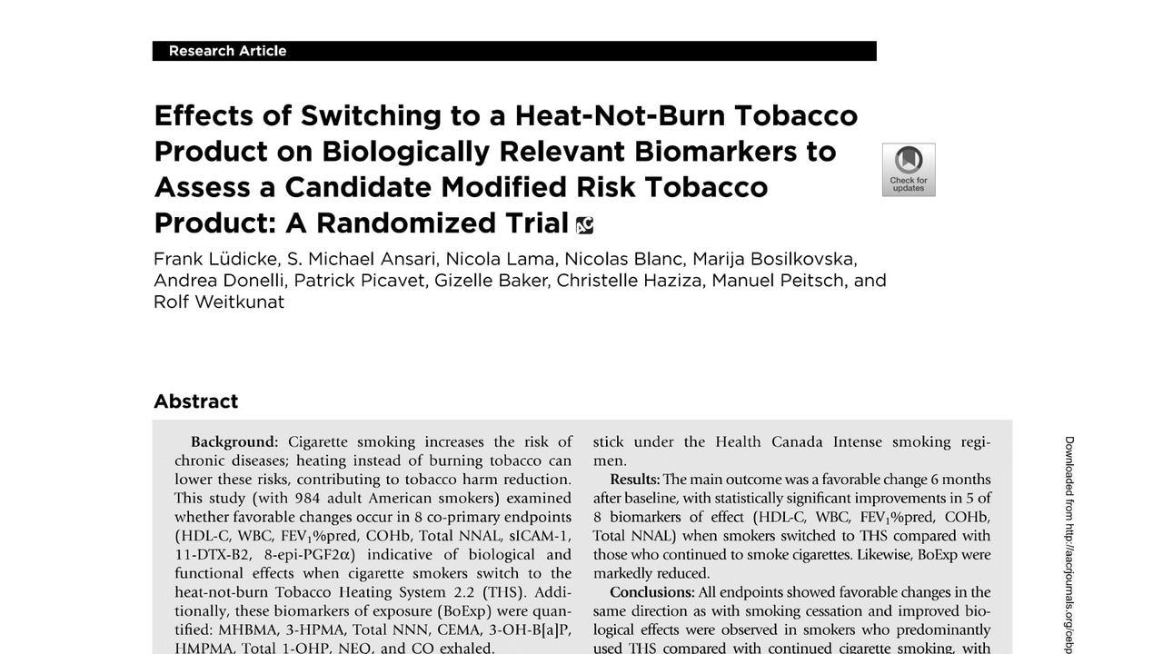 Effects of switching to a heat-not-burn tobacco product on biologically relevant biomarkers to assess a candidate Modified Risk Tobacco Product: A randomized trial