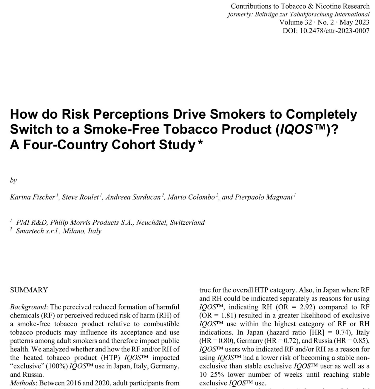 How do Risk Perceptions Drive Smokers to Completely Switch to a Smoke-Free Tobacco Product (IQOS™)? A Four-Country Cohort Study