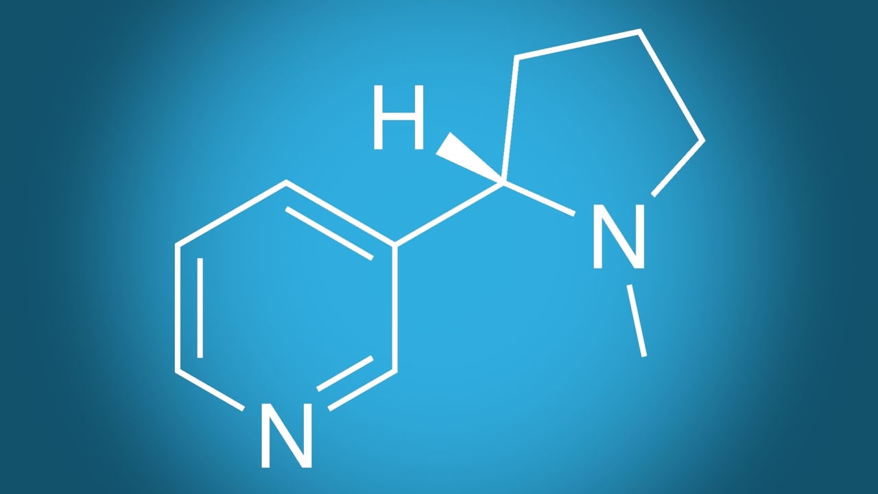 Detailed illustration of a chemical molecule structure on a blue background.