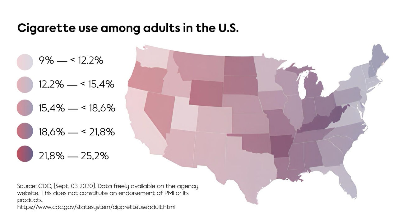 Detailed map of the USA, showcasing the statistics on the percentage of smokers in each country