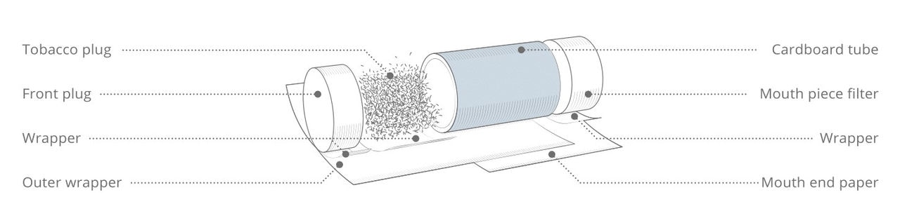 BLENDS contain specially processed tobacco for heating, a filter, a front plug and a cardboard tube.