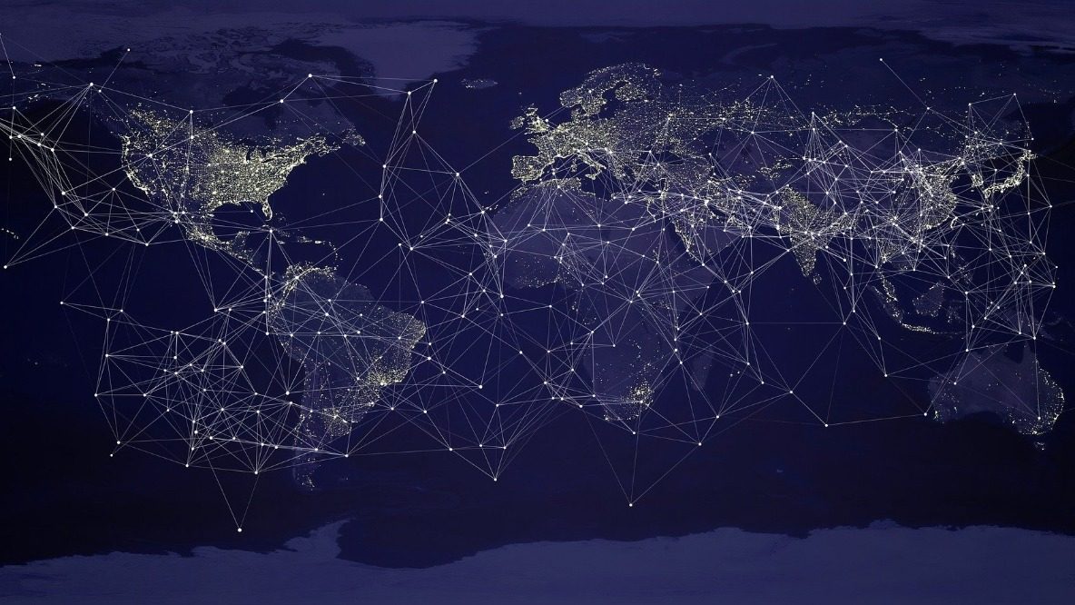 Dark blue world map with a network of lines and lights.