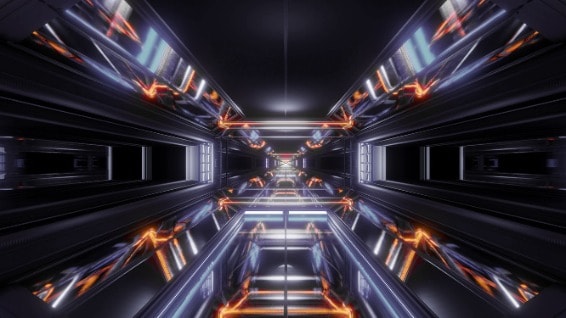 Futuristic tunnel with bright lights and a dark background.