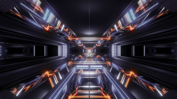 Futuristic tunnel with bright lights and a dark background.