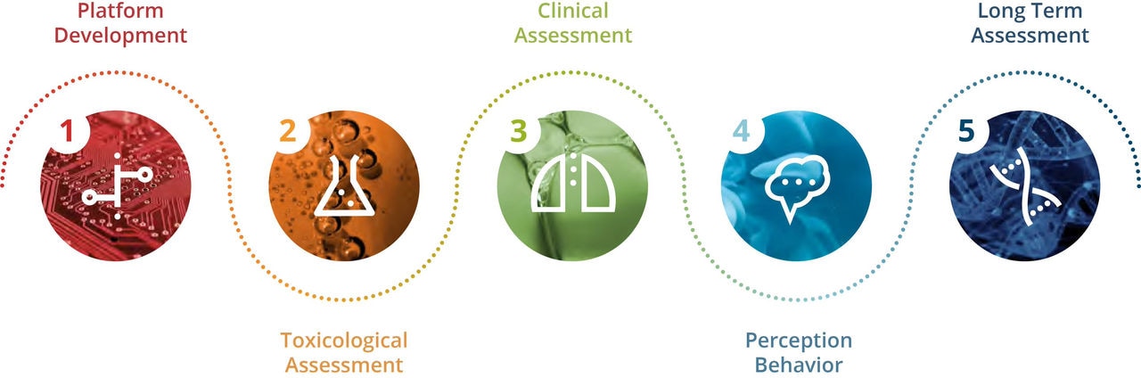 A visual representation of the five steps involved in developing a new product from platform development to long-term assessment.