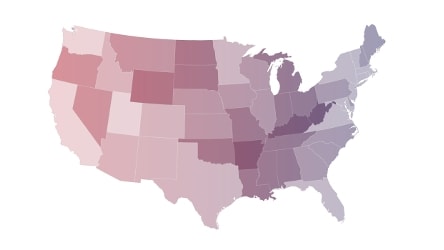 Graphic map representation of the USA showing various shades of purple.