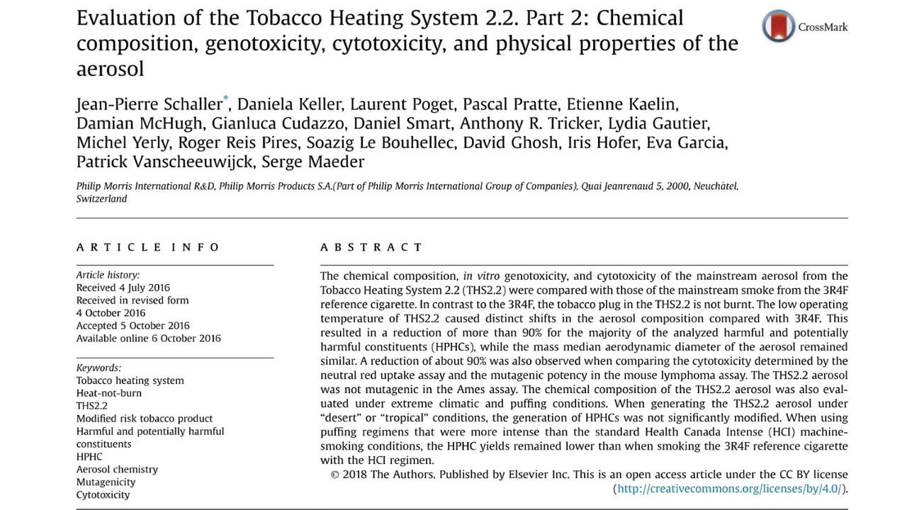 Study about the evaluation of the THS includes chemical composition, genotoxicity, cytotoxicity, and physical properties of the aerosol.