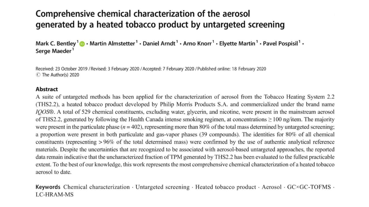 Research about comprehensive chemical characterization of the aerosol generated by HTP.