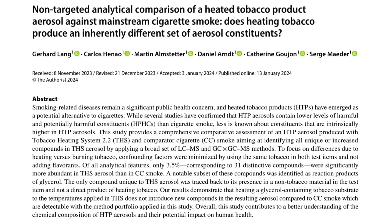 Non-targeted analytical comparison of a heated tobacco product aerosol against mainstream cigarette smoke: does heating tobacco produce an inherently different set of aerosol constituents?