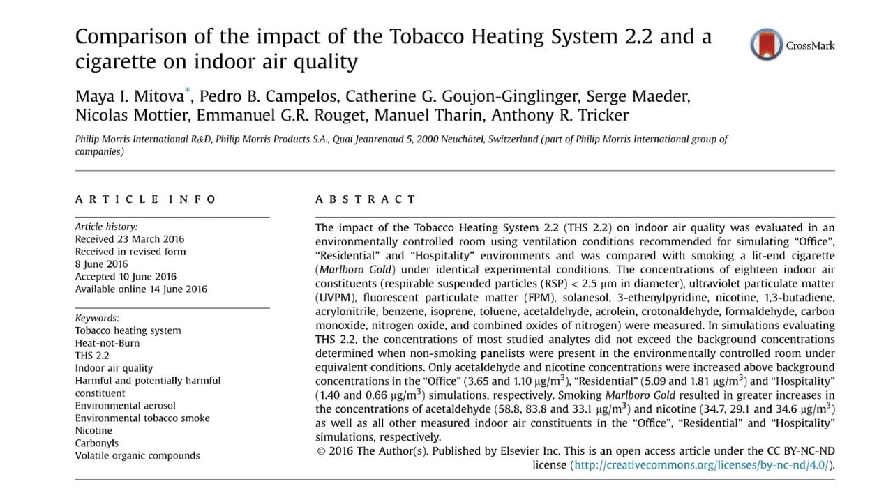 Comparison of the impact of the THS and a cigarette on indoor air quality in the study.