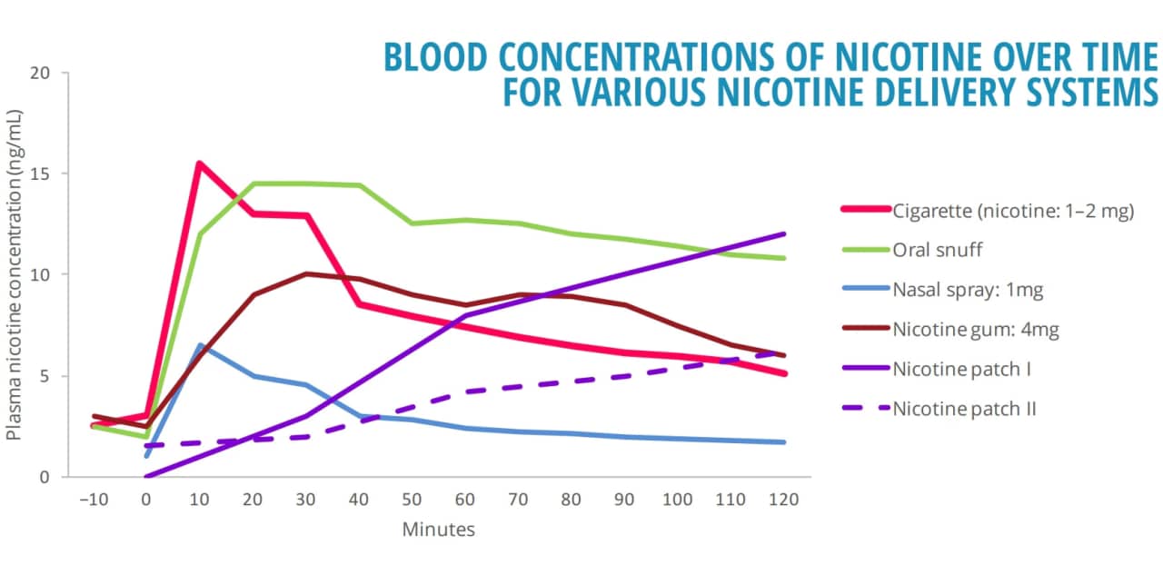 Blood concentrations of nicotine over time for various nicotine delivery systems