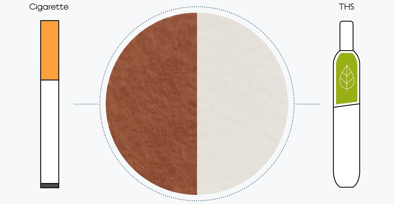 Difference between the particulate matter of cigarette smoke and THS aerosol after collection on laboratory filter pads