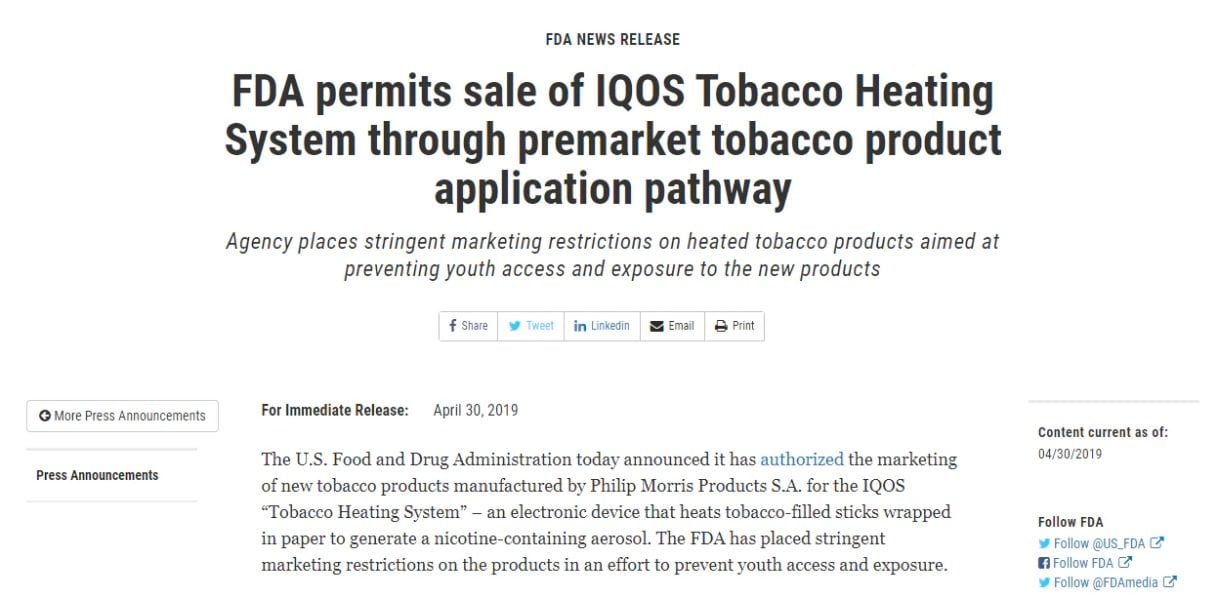 FDA approves sale of IQOS Tobacco Heating System via pre-market tobacco product pathway.