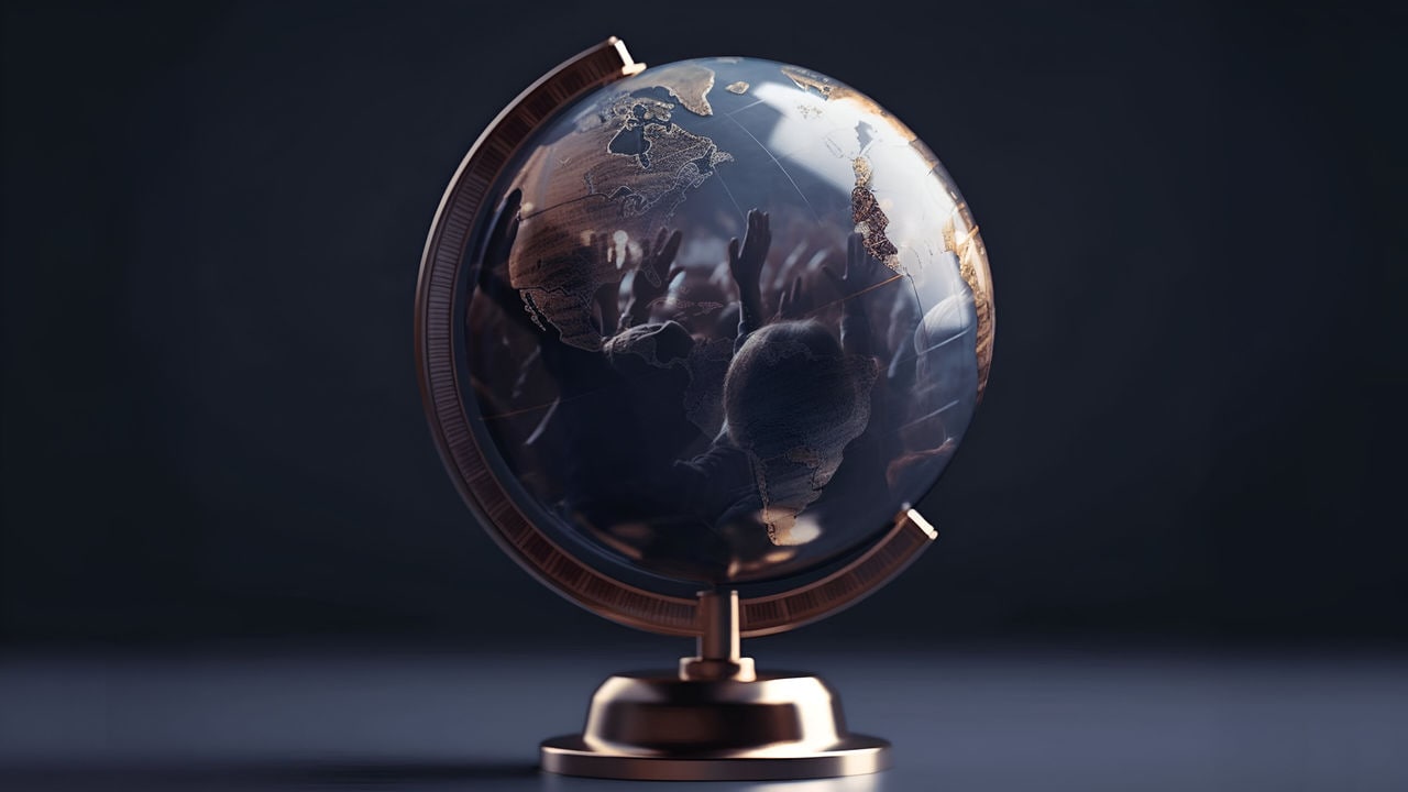 Globe image with a reflection of people raising hands