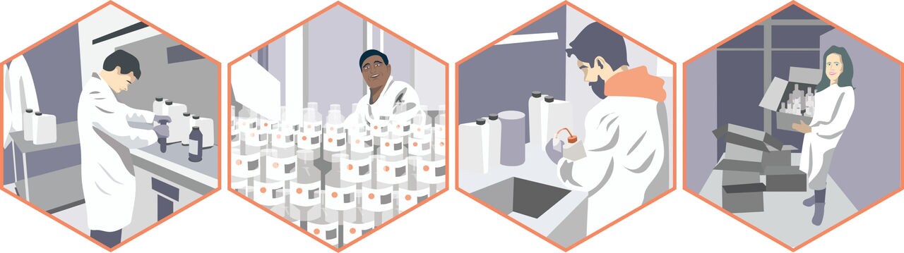 Illustration of four scientists conducting experiments in a laboratory.