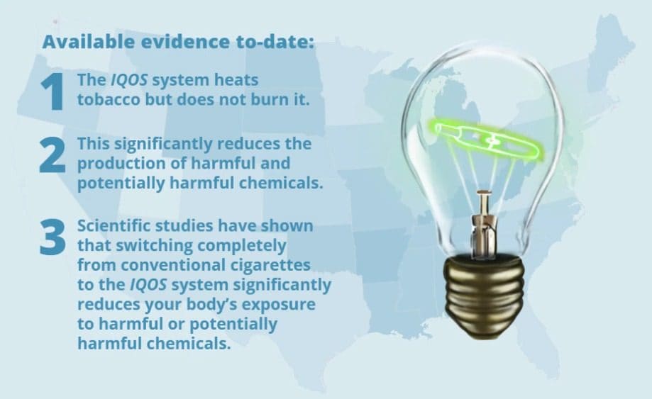 Illustrated statements about IQOS Tobacco Heating System benefits.