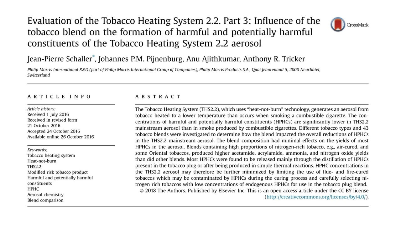Influence of the tobacco tobacco blend on the formation of harmful constituents of the THS aerosol.